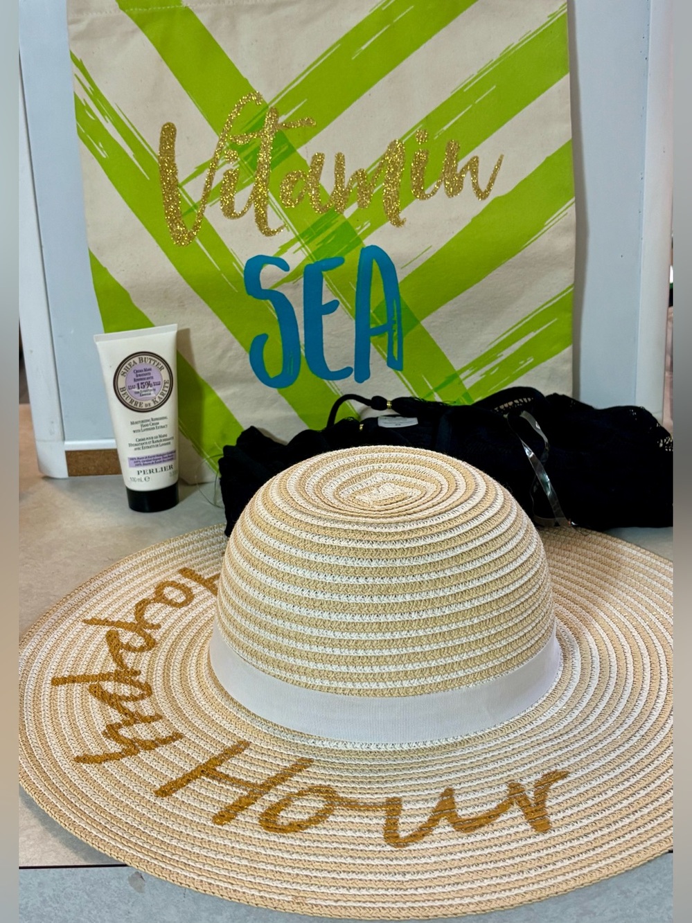August Hat Mudpie Beach Bag T&T Swim Coverup Perlier Shea Butter